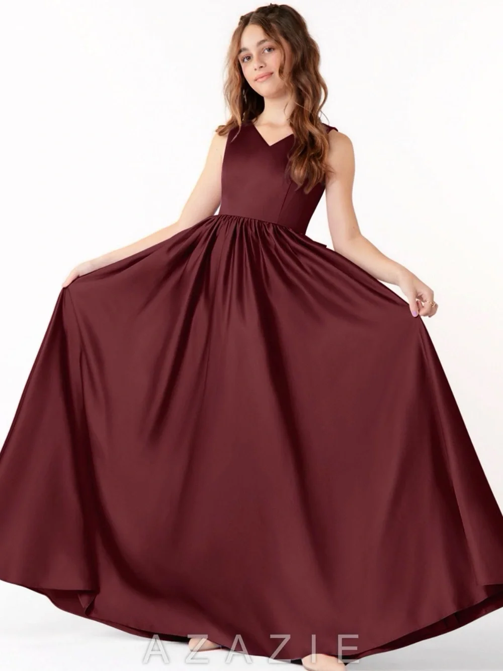 Azazie Girls' Cabernet Satin V-Neck Formal Dress